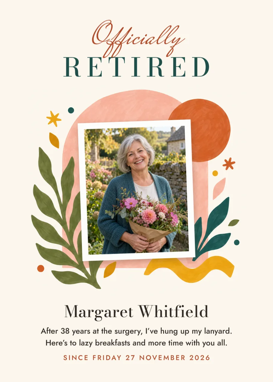 Officially retired – photo retirement announcement: printable design preview