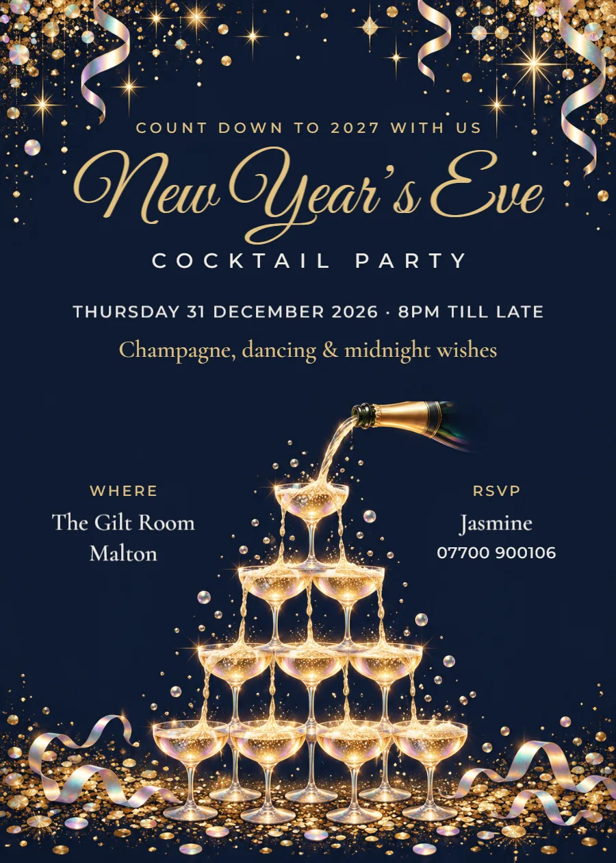 Champagne tower – New Year’s Eve party invitation: printable design preview