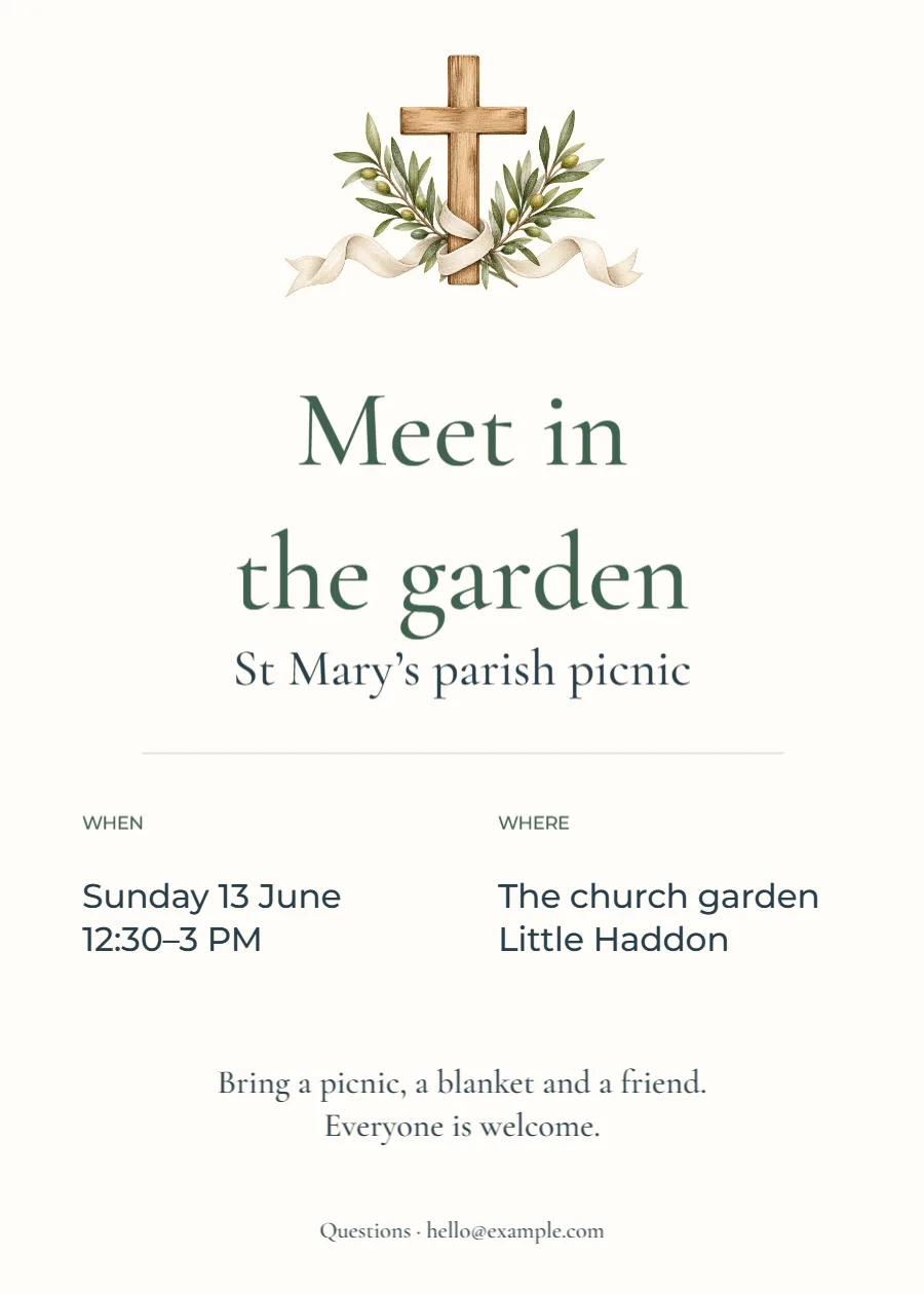 Meet in the garden – parish picnic: printable design preview