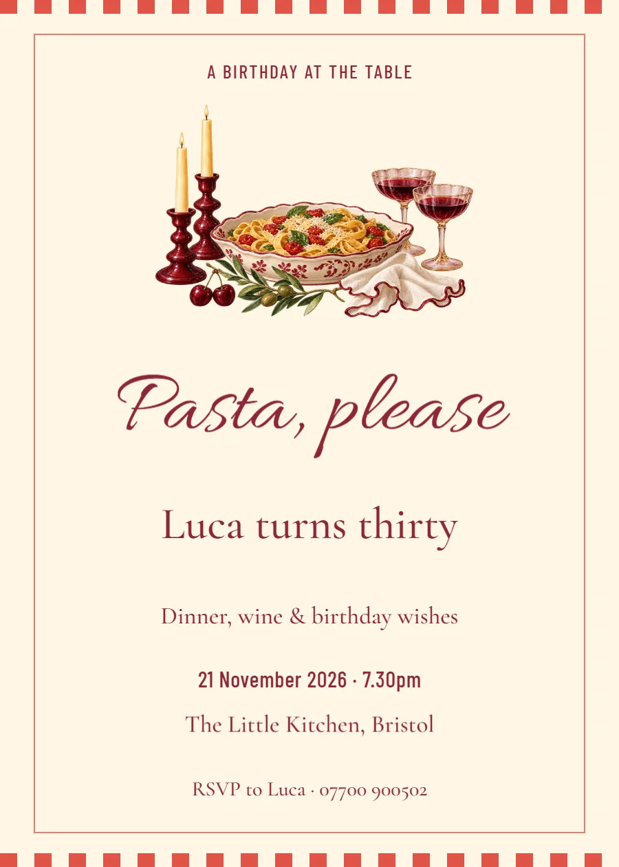 Pasta Club – birthday dinner invitation: printable design preview