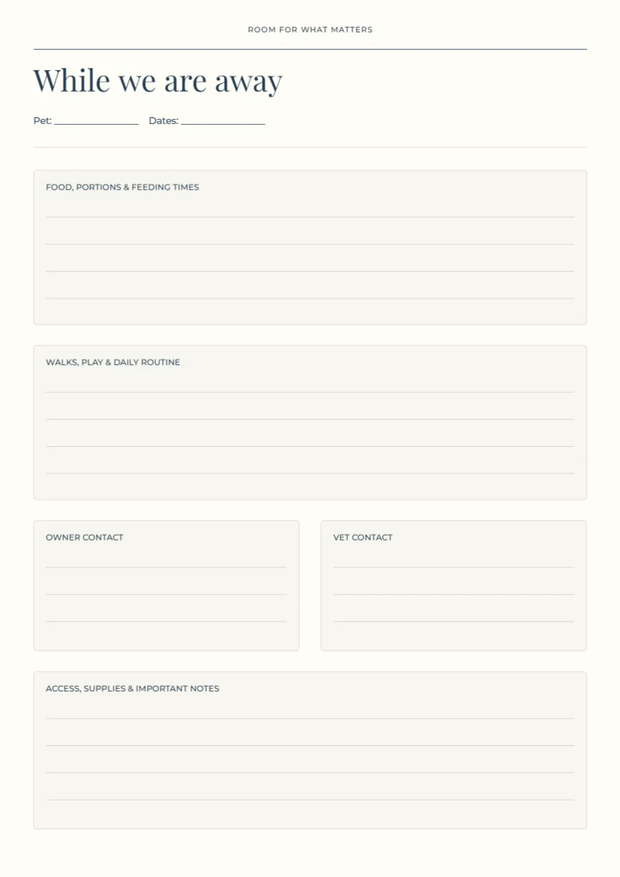 While we are away – pet sitter notes: printable design preview