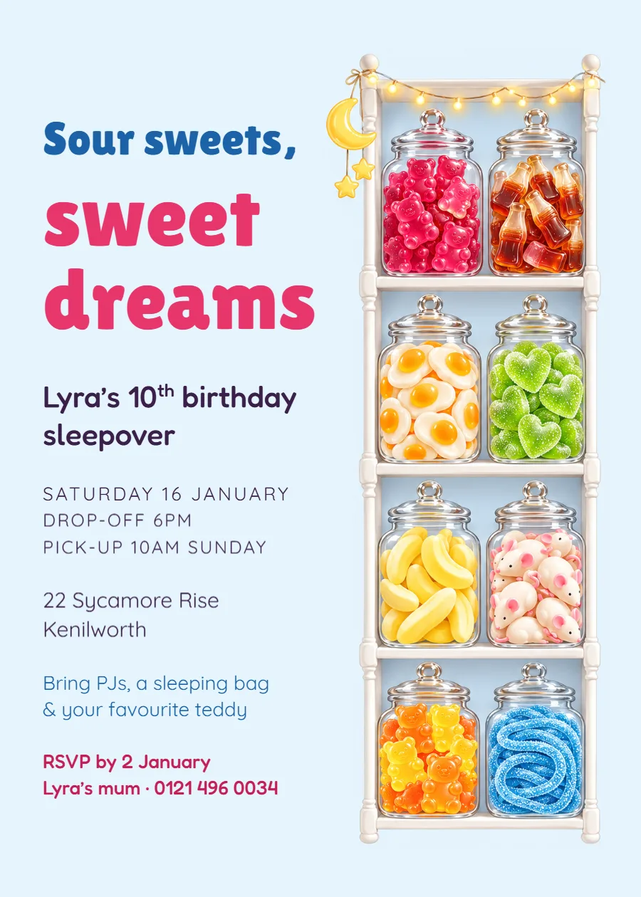 Pick ’n’ mix – 10th birthday sleepover invitation: printable design preview