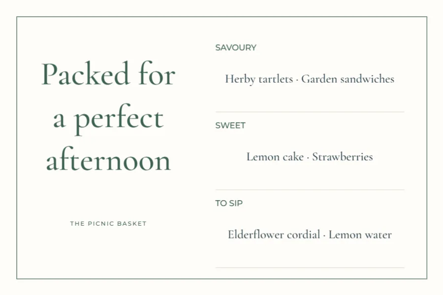 Packed for a perfect afternoon – picnic menu: printable design preview