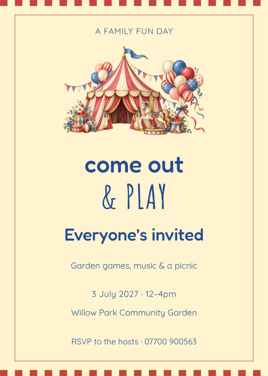 Play Parade – family fun day invitation: printable design preview