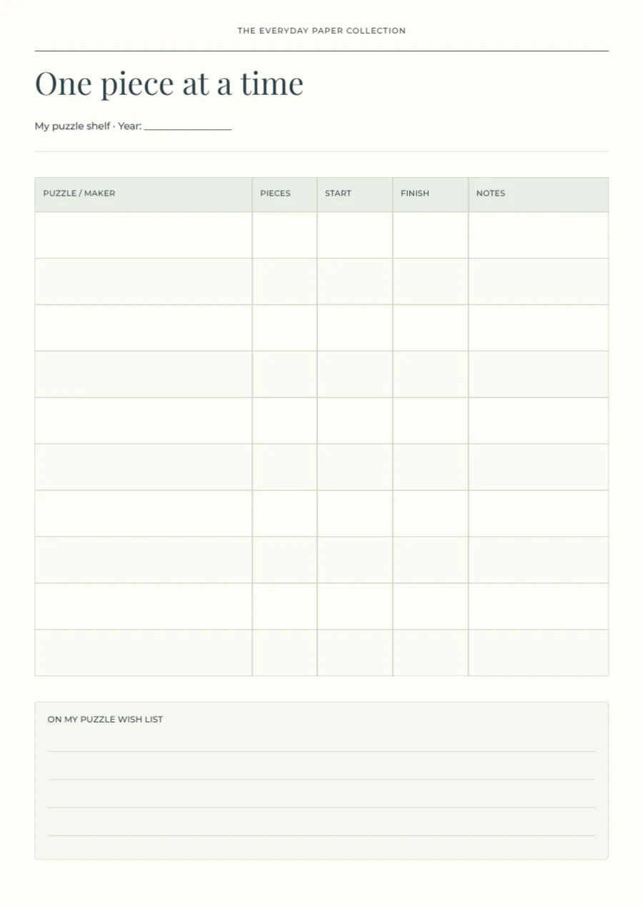 One piece at a time – puzzle tracker: printable design preview