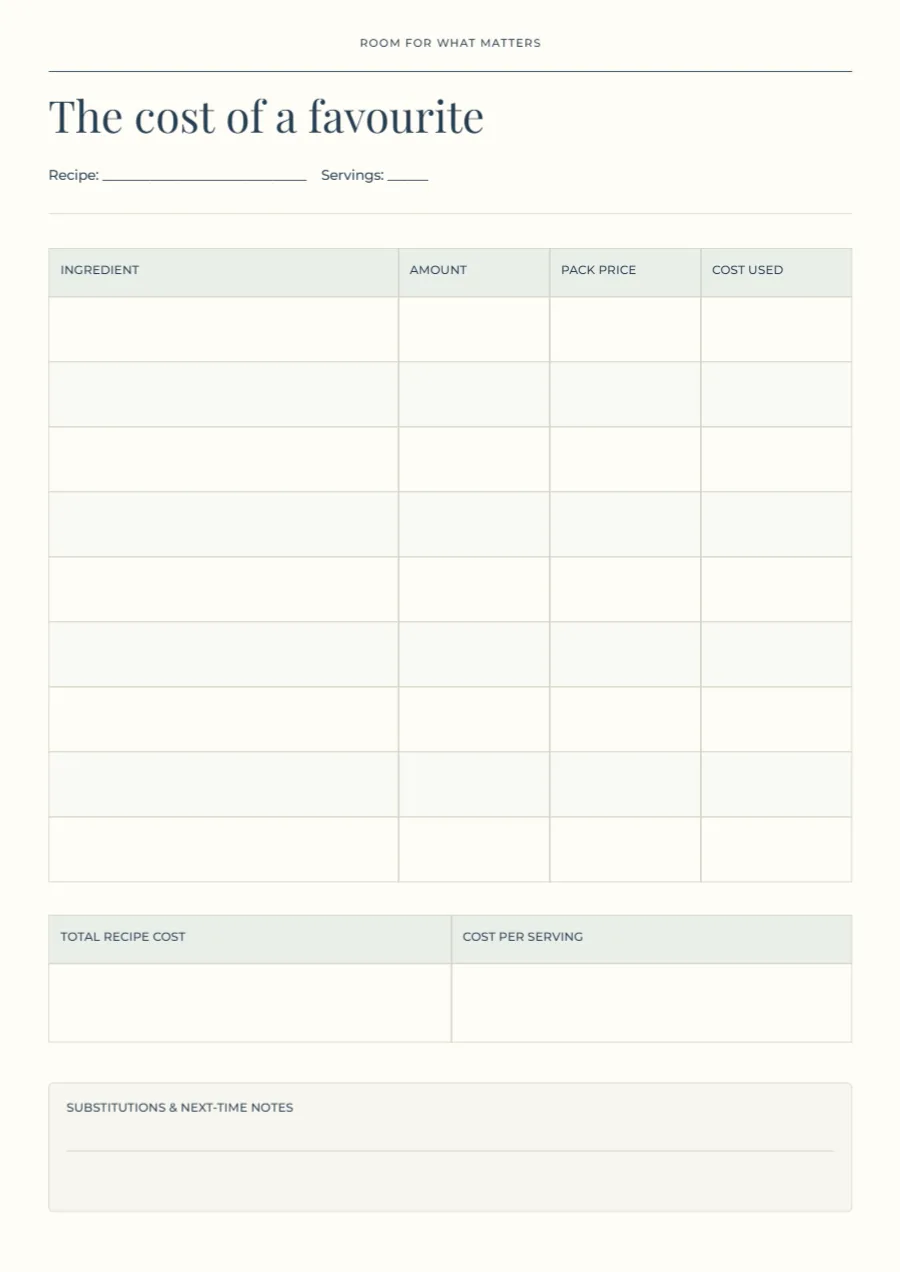 The cost of a favourite – recipe worksheet: printable design preview