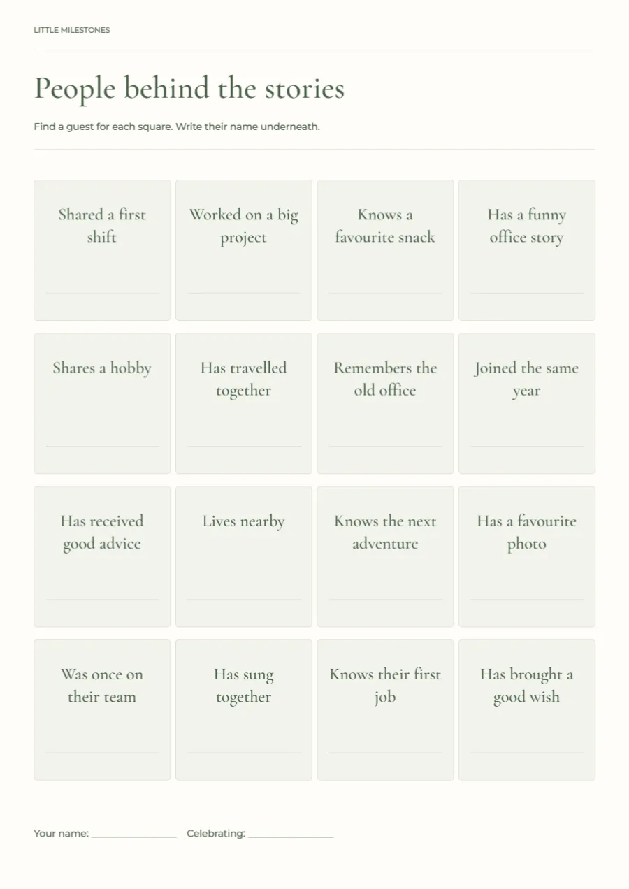 People behind the stories – retirement bingo: printable design preview