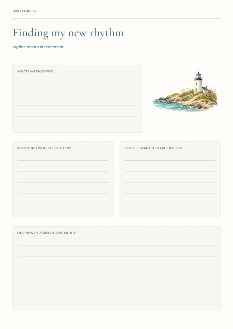 Finding my new rhythm – retirement journal: printable design preview