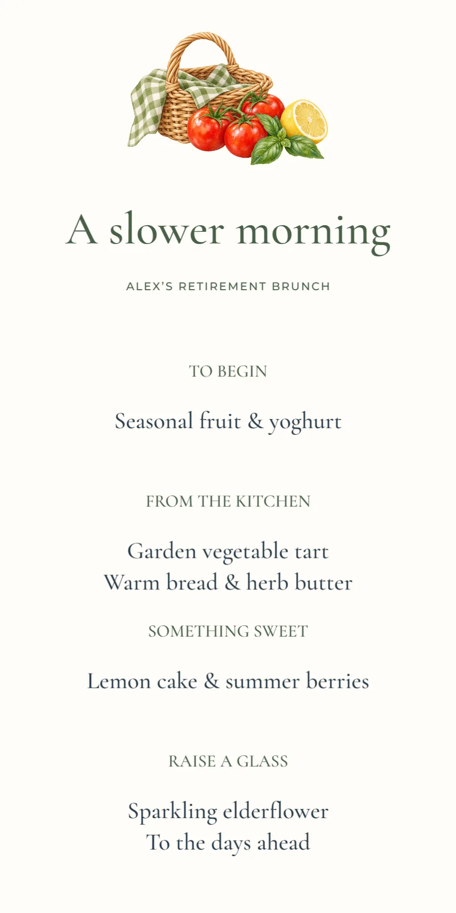 A slower morning – retirement brunch menu: printable design preview