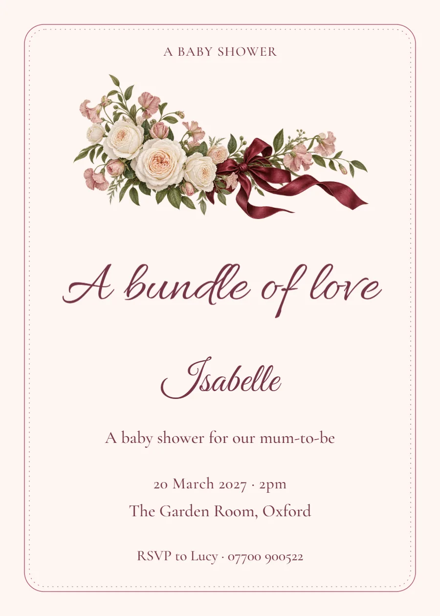 Ribbon Heirloom – baby shower invitation: printable design preview