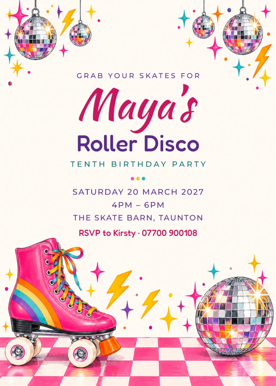 Roller disco – tenth birthday invitation: printable design preview