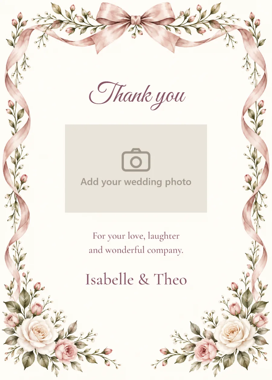 Rose ribbon – photo thank-you card: printable design preview