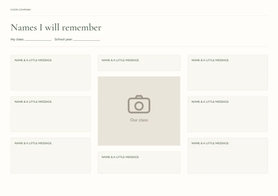 Names I will remember – leavers autograph page: printable design preview