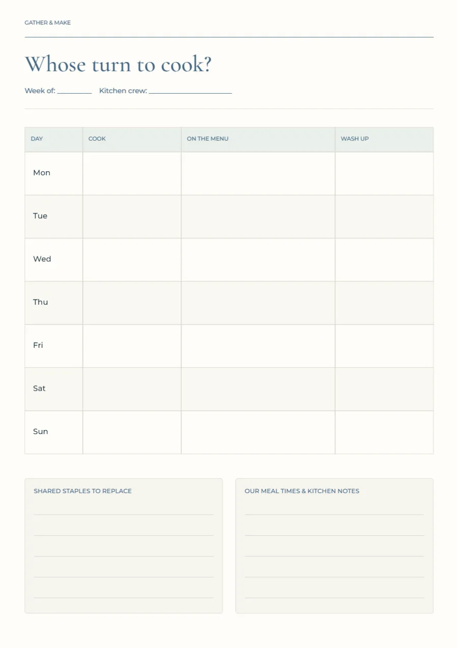 Whose turn to cook? – shared kitchen rota: printable design preview