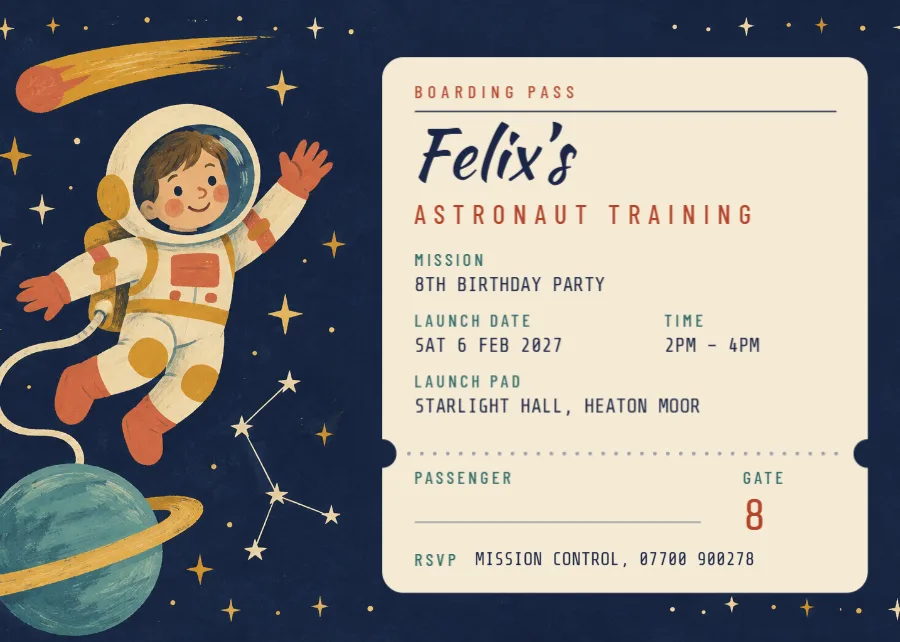 Astronaut training – space party boarding pass: printable design preview