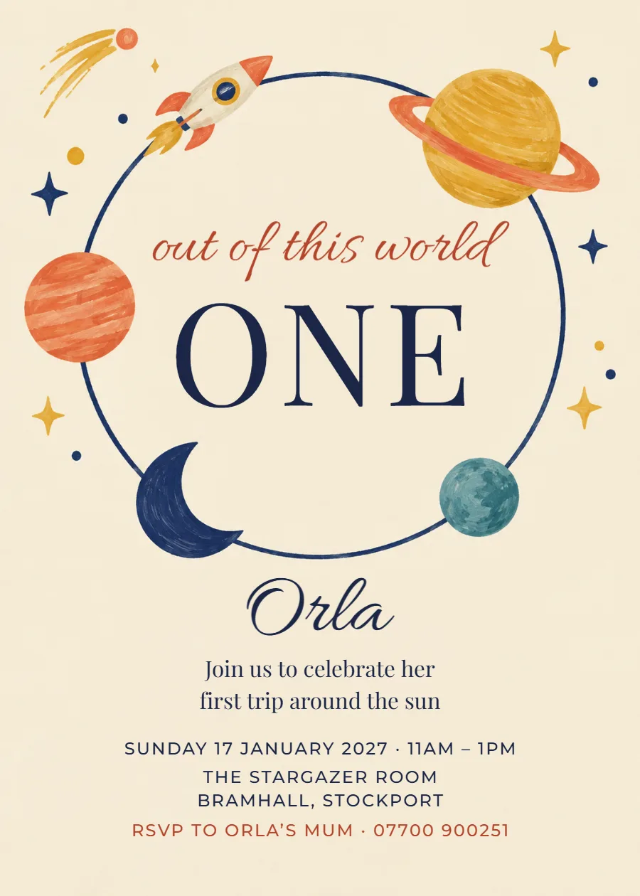 Out of this world – space first birthday invitation: printable design preview