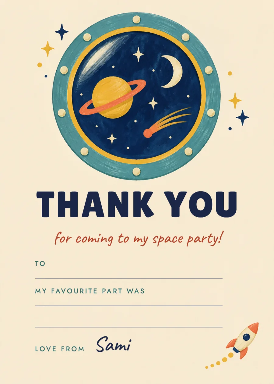 Porthole – space party thank-you note: printable design preview