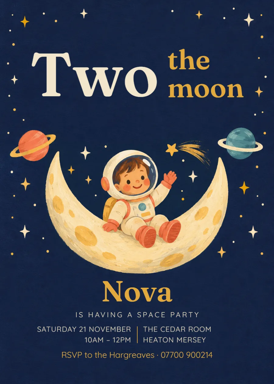 Two the moon – space second birthday invitation: printable design preview