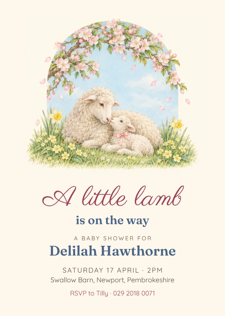 Spring lambs – baby shower invitation: printable design preview