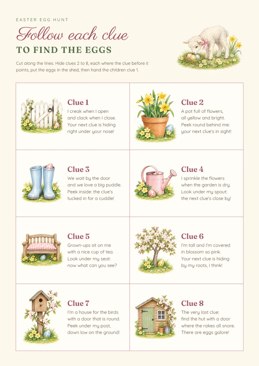 Spring lambs – Easter egg hunt clue cards: printable design preview