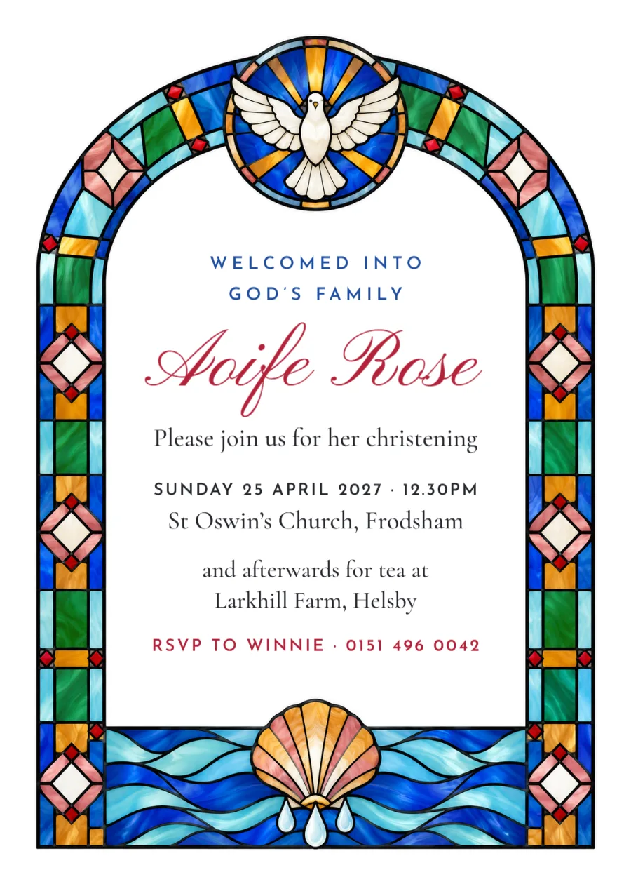 Stained glass – christening invitation: printable design preview