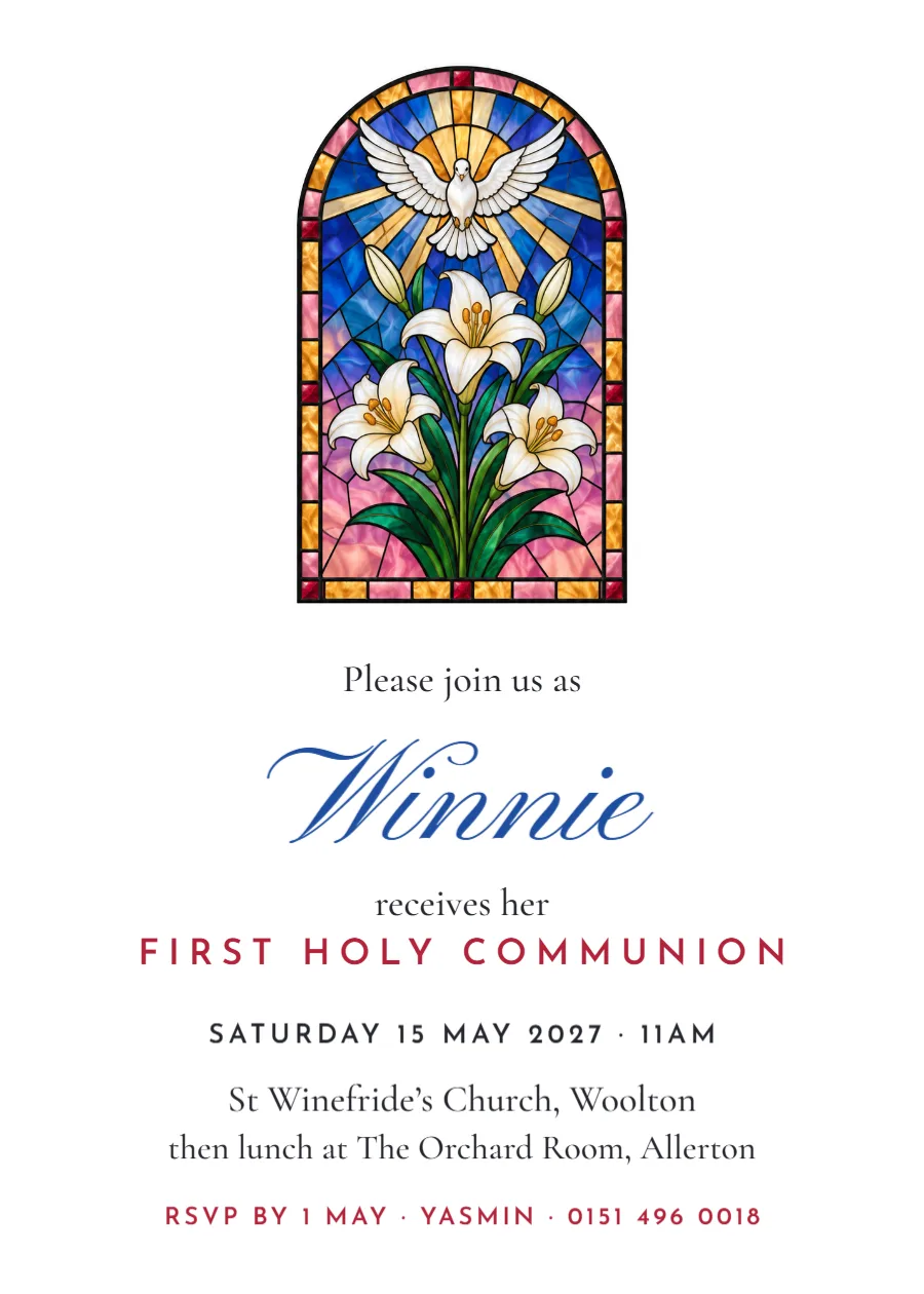 Stained glass – girl’s First Holy Communion invitation: printable design preview