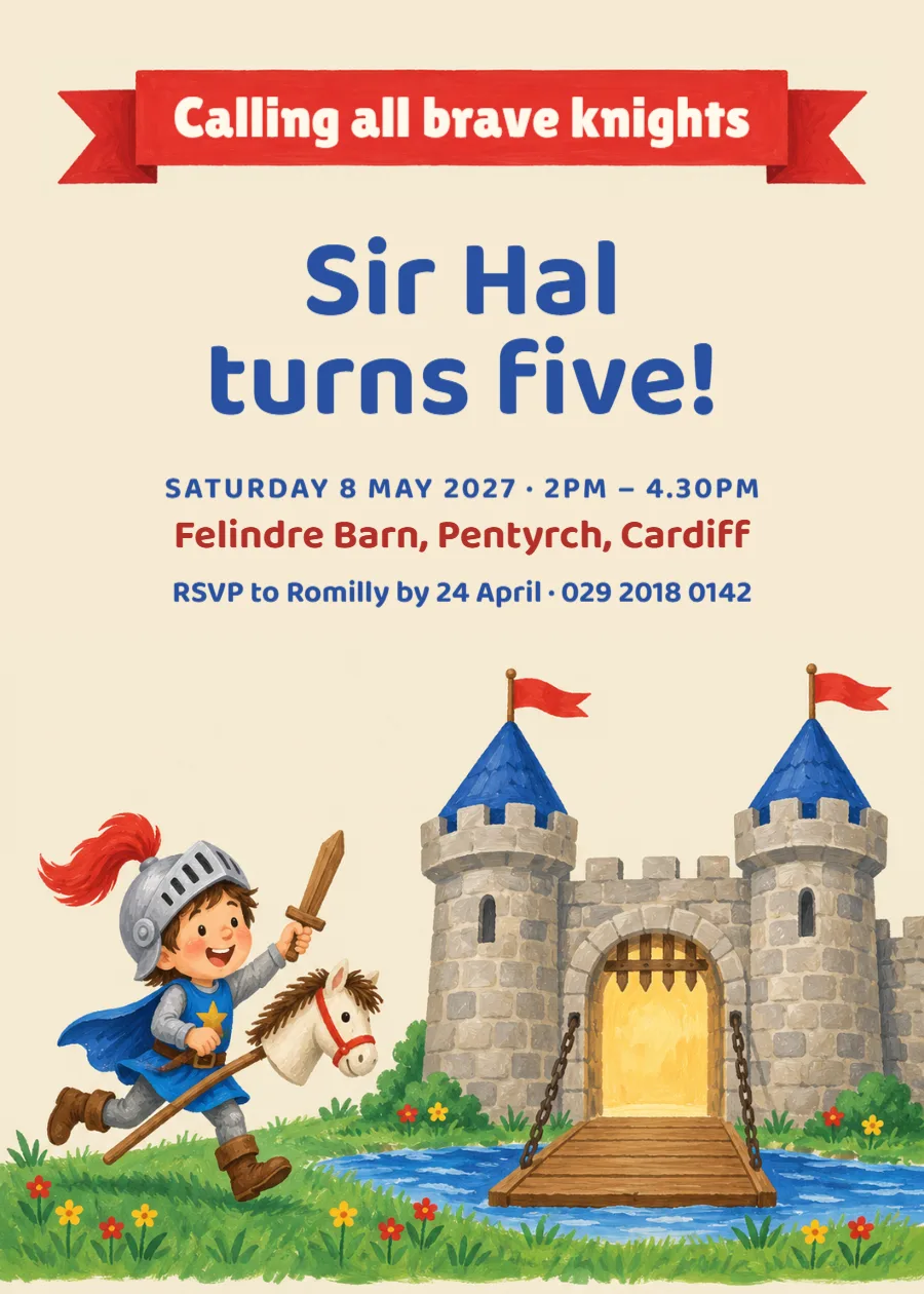 Calling all knights – 5th birthday invitation: printable design preview