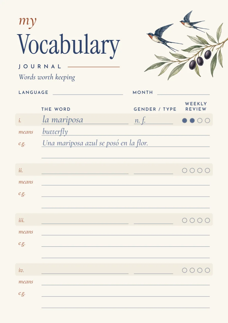Swallow & olive – vocabulary journal: printable design preview