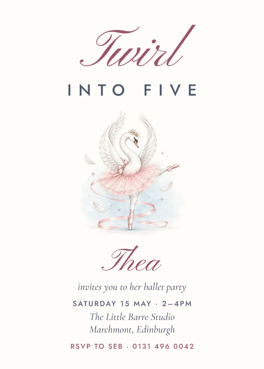 Swan lake – ballet fifth birthday invitation: printable design preview