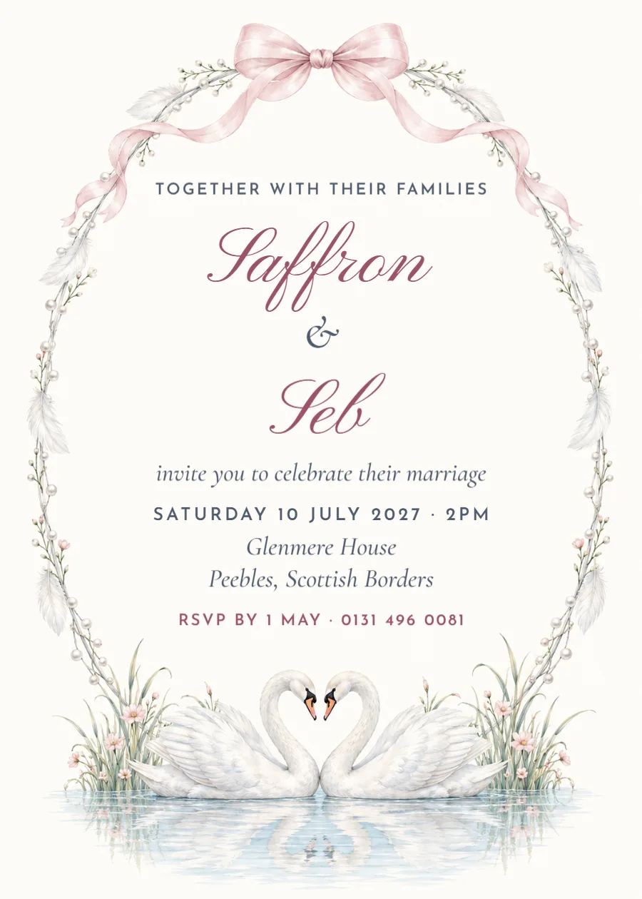 Swan lake – swan heart wedding invitation: printable design preview