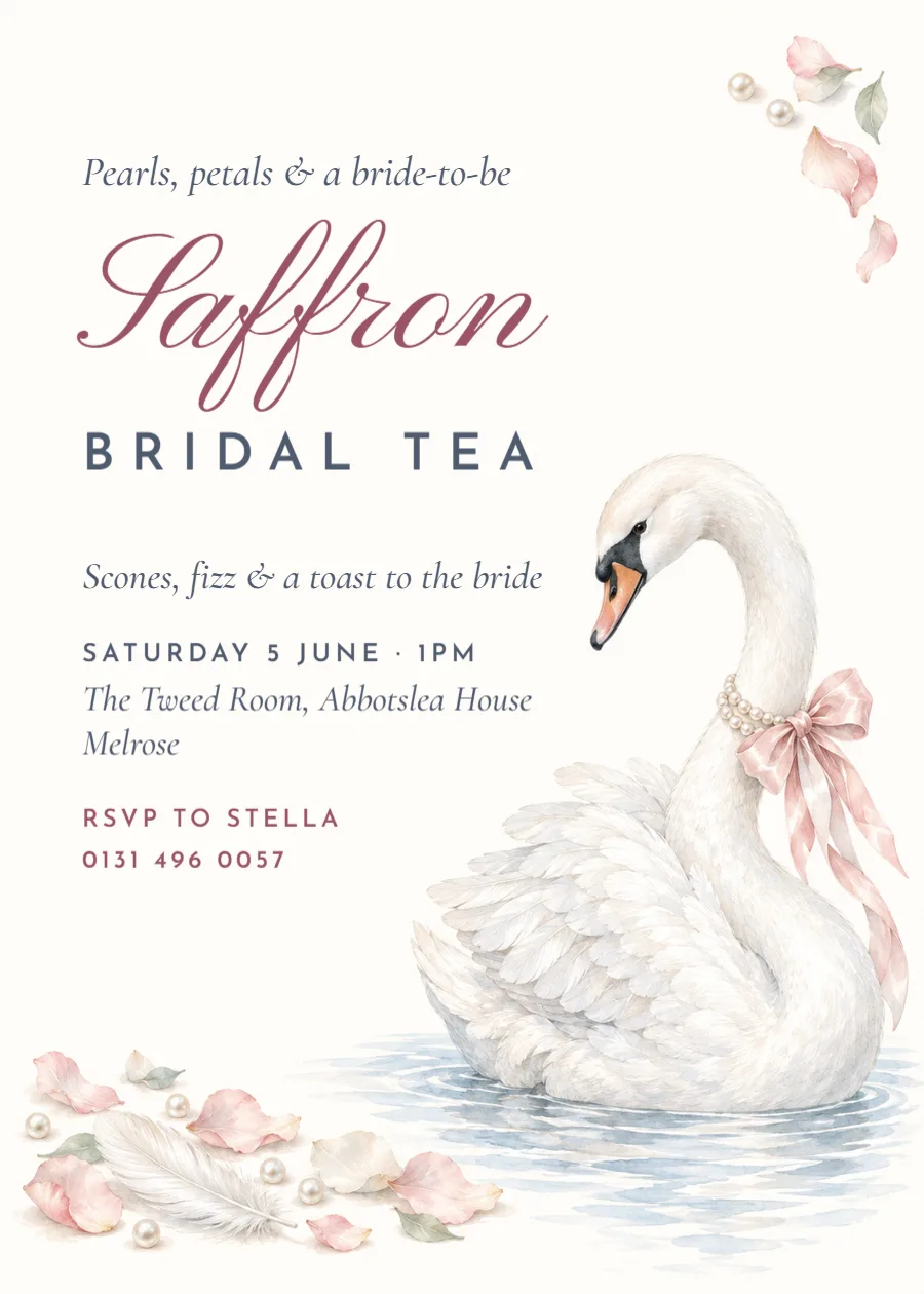 Swan lake – pearls bridal shower tea invitation: printable design preview