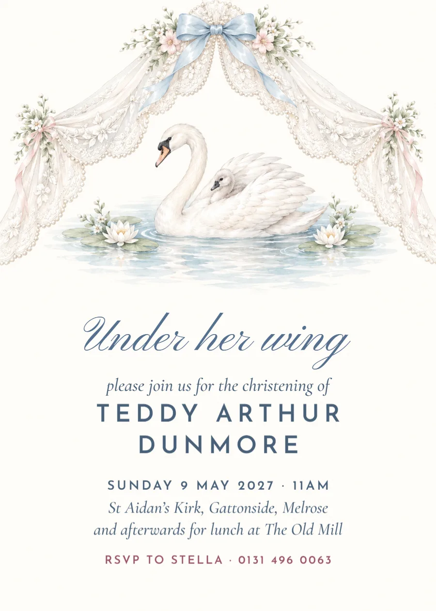 Swan lake – under her wing christening invitation: printable design preview
