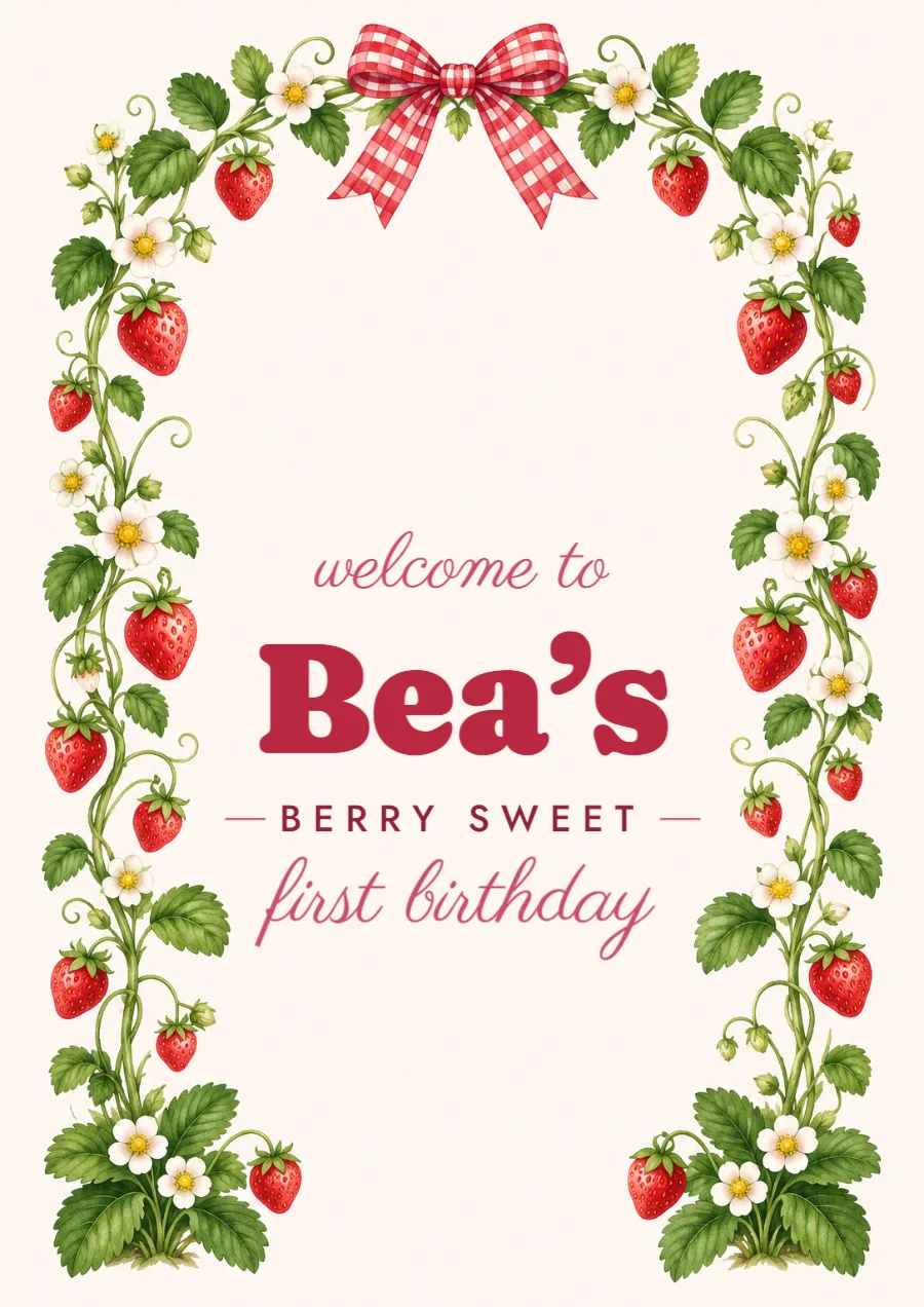 Sweet fruit – Berry Sweet first birthday welcome sign: printable design preview