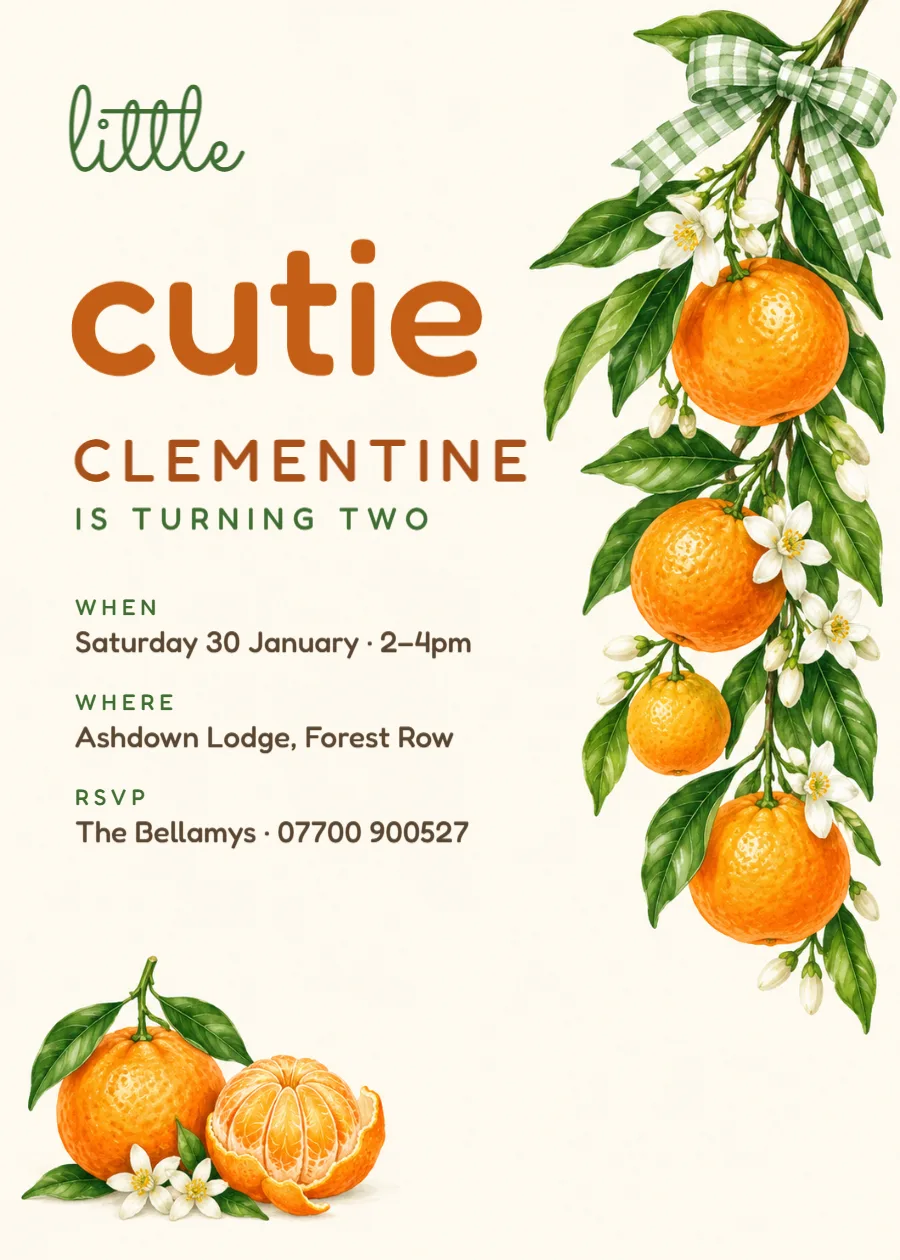 Little Cutie – clementine second birthday invitation: printable design preview