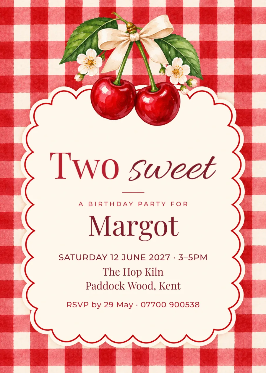 Two Sweet – cherry second birthday invitation: printable design preview