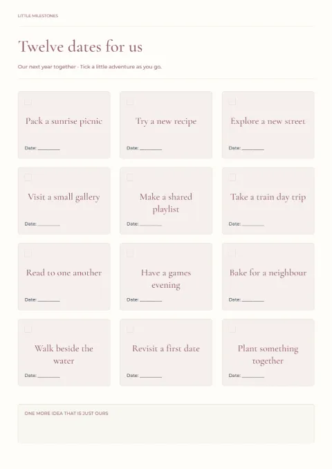 Twelve dates for us – anniversary activity board: printable design preview