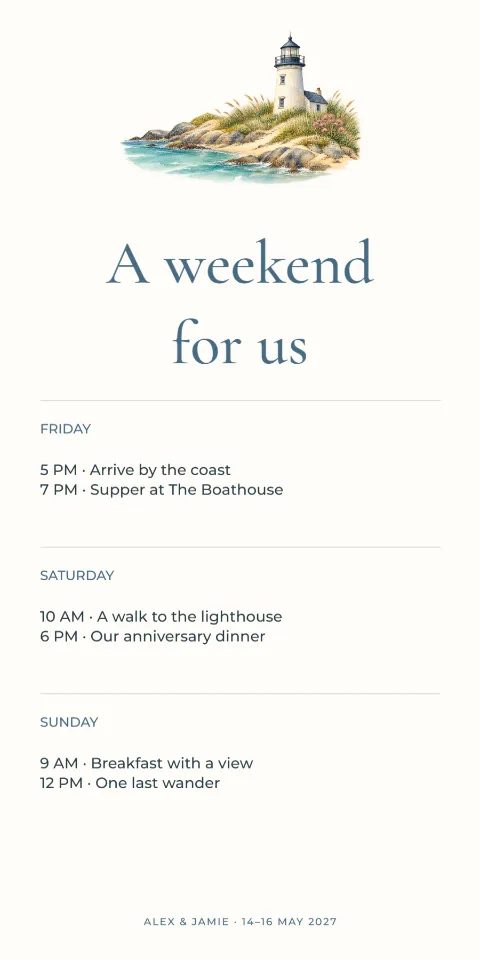 A weekend for us – anniversary itinerary: printable design preview