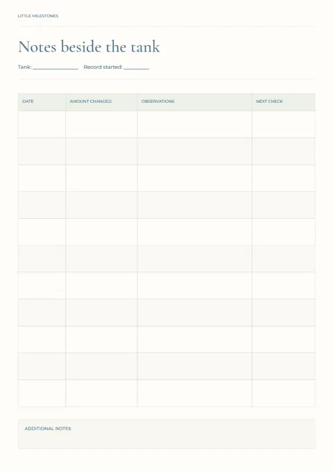 Notes beside the tank – aquarium log: printable design preview