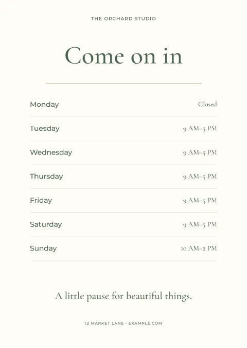 Come on in – studio hours: printable design preview