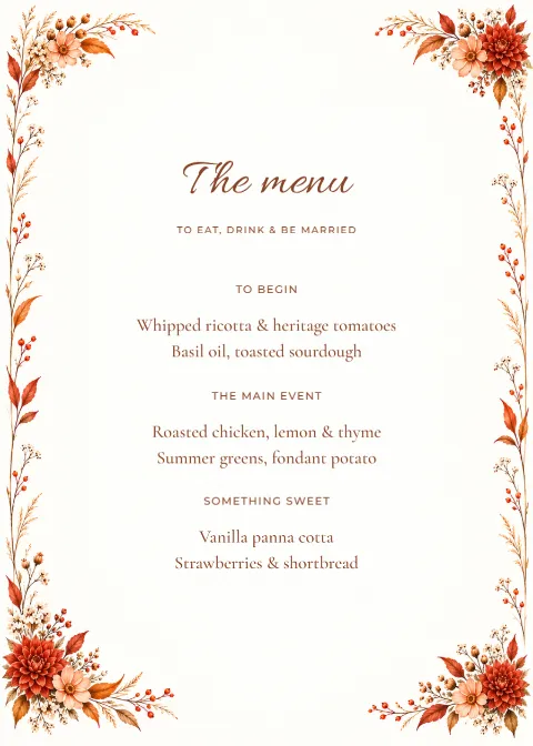 Autumn dahlia – wedding menu: printable design preview
