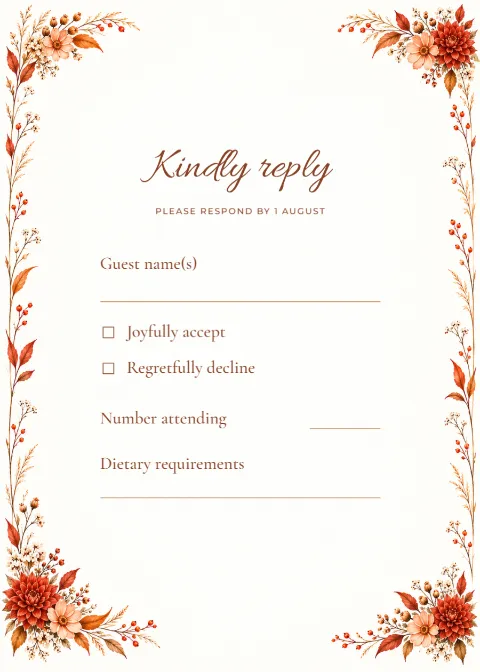 Autumn dahlia – RSVP reply card: printable design preview