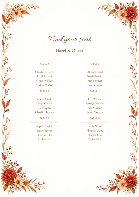 Autumn dahlia – seating plan: printable design preview