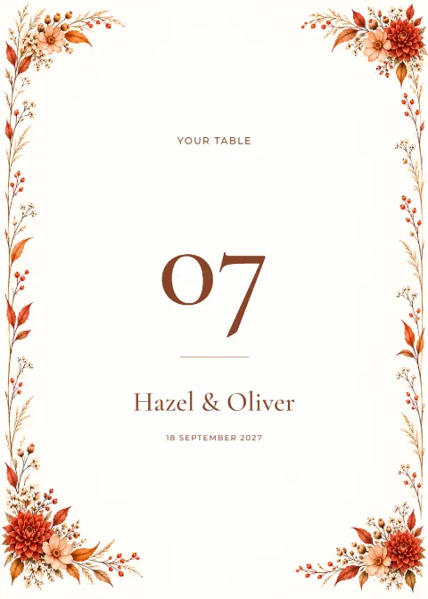 Autumn dahlia – table number: printable design preview