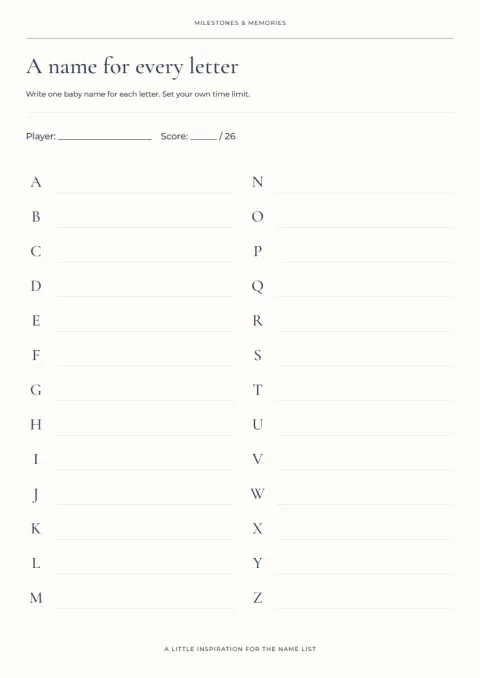 A name for every letter – baby shower game: printable design preview