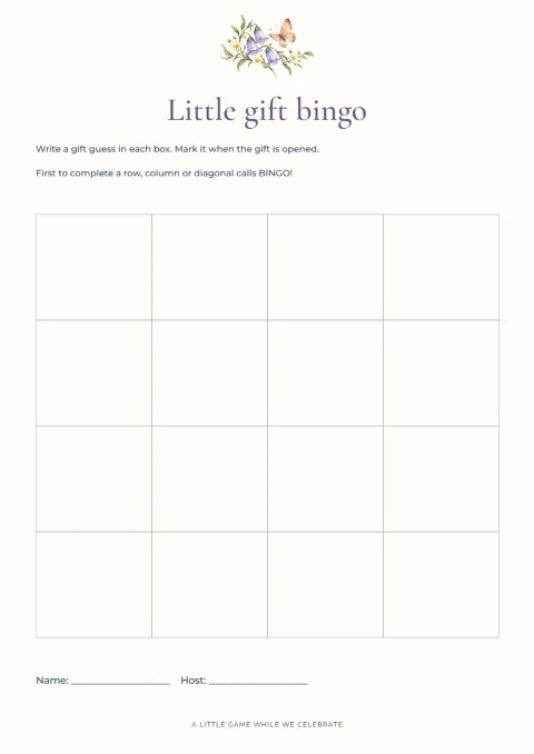 Little gift bingo – shower activity: printable design preview