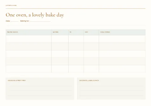 One oven, a lovely bake day – baking schedule: printable design preview