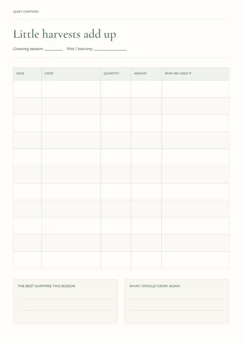 Little harvests add up – garden harvest tracker: printable design preview