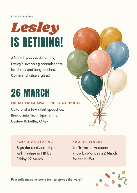 Balloon bunch – retirement party announcement poster: printable design preview