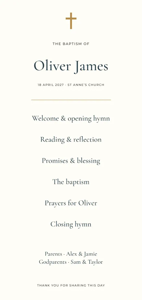 Together for Oliver – baptism programme: printable design preview