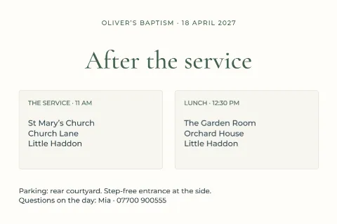 After the service – baptism details insert: printable design preview